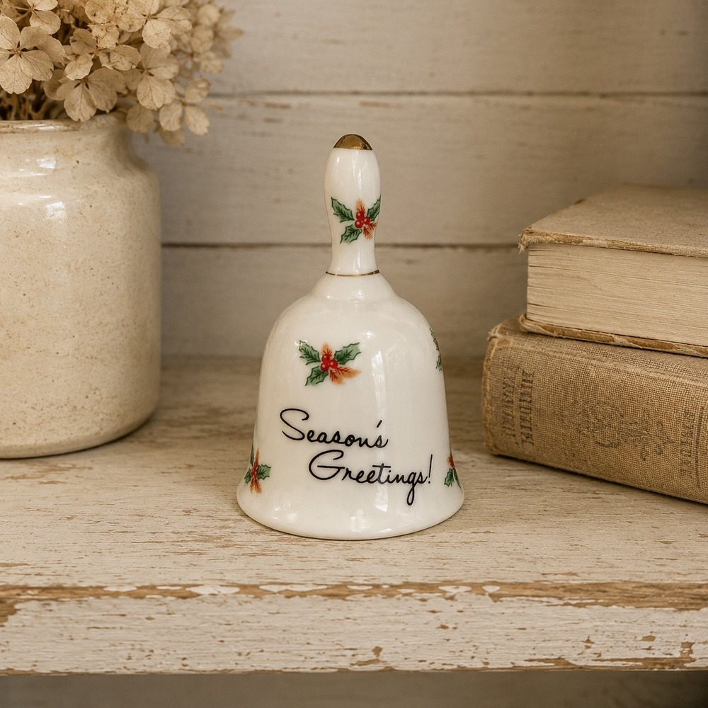 Vintage 1979 Enesco Seasons Greetings Holly Berry Ceramic Christmas Bell Gold